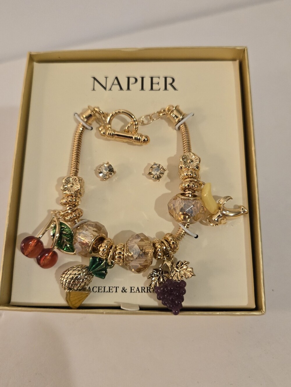 Napier New Gold Tone Charm Bracelet & Pierced Earring Boxed Set Fruit Charms